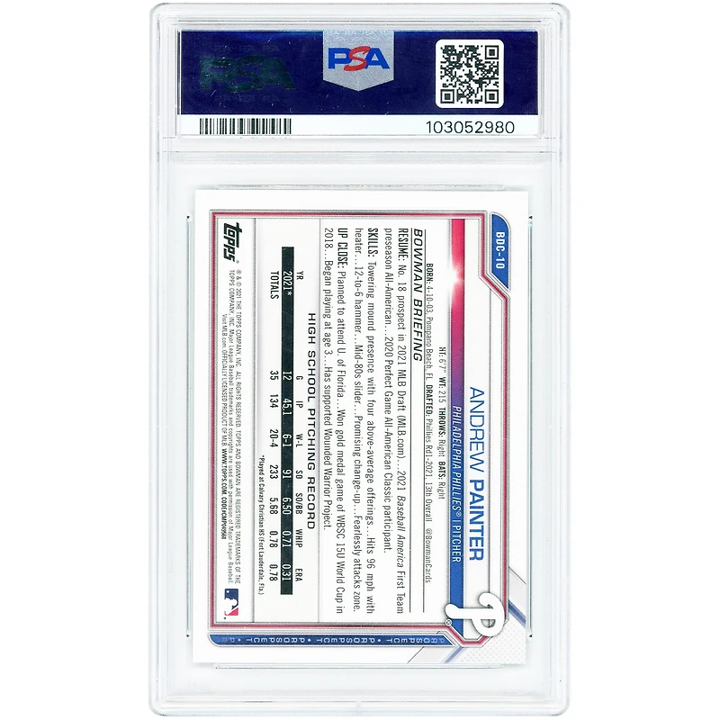 Andrew Painter Philadelphia Phillies 2021 Bowman Chrome 1st Bowman Green Refractor #BDC-10 #55/99 PSA Authenticated 9 Card