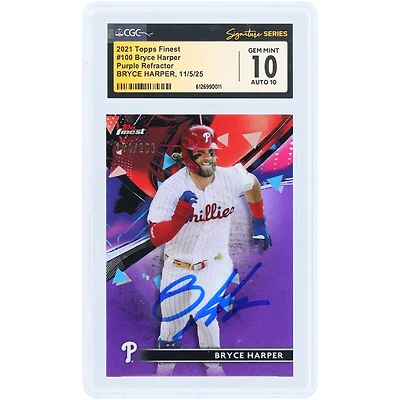 Bryce Harper Philadelphia Phillies Autographed 2021 Topps Finest Purple Refractor #100 #/250 CGC Fanatics Witnessed Authenticated 10/10 Card