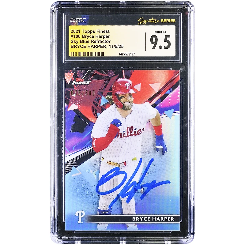 Bryce Harper Philadelphia Phillies Autographed 2021 Topps Finest Sky Blue Refractor #100 #/300 CGC Authenticated Mint 9.5 Card