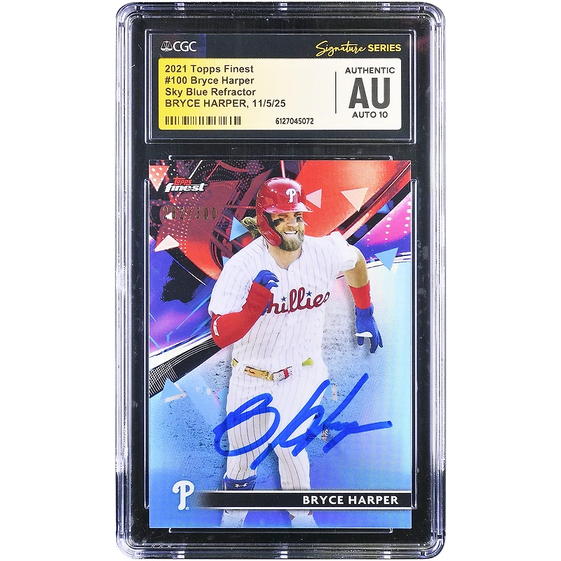 Bryce Harper Philadelphia Phillies Autographed 2021 Topps Finest Sky Blue Refractor #100 #/300 CGC Fanatics Witnessed Authenticated Auto 10 Card
