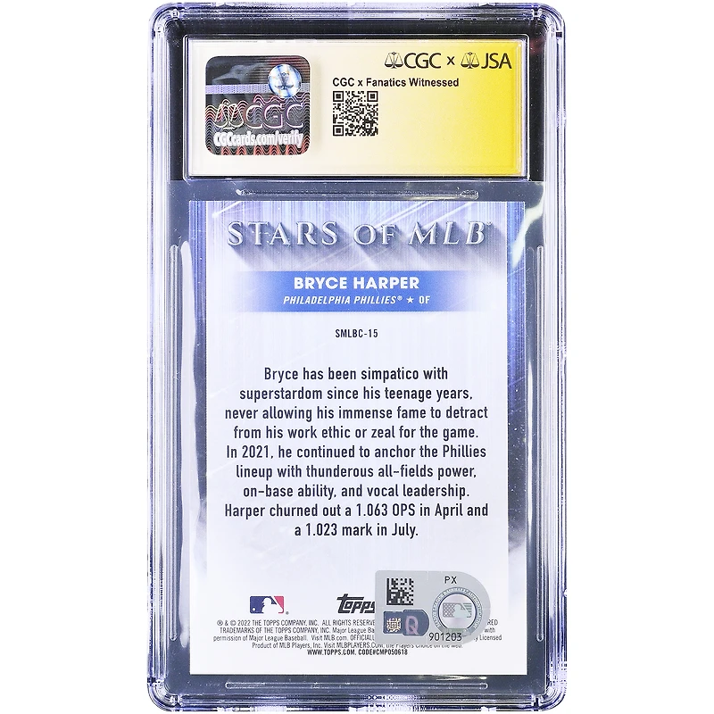 Bryce Harper Philadelphia Phillies Autographed 2022 Topps Chrome Stars of MLB Platinum #SMLBC-15 #1/1 CGC Authenticated 9/10 Card