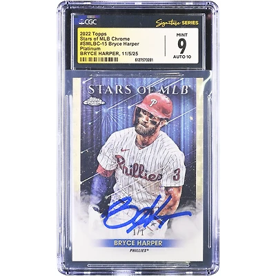 Bryce Harper Philadelphia Phillies Autographed 2022 Topps Chrome Stars of MLB Platinum #SMLBC-15 #1/1 CGC Authenticated 9/10 Card