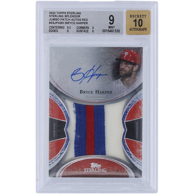 Bryce Harper Philadelphia Phillies Autographed 2022 Topps Sterling Game Used Tri-Color Relic #SSJPA-BH #2/3 BGS Authenticated 9/10 Card