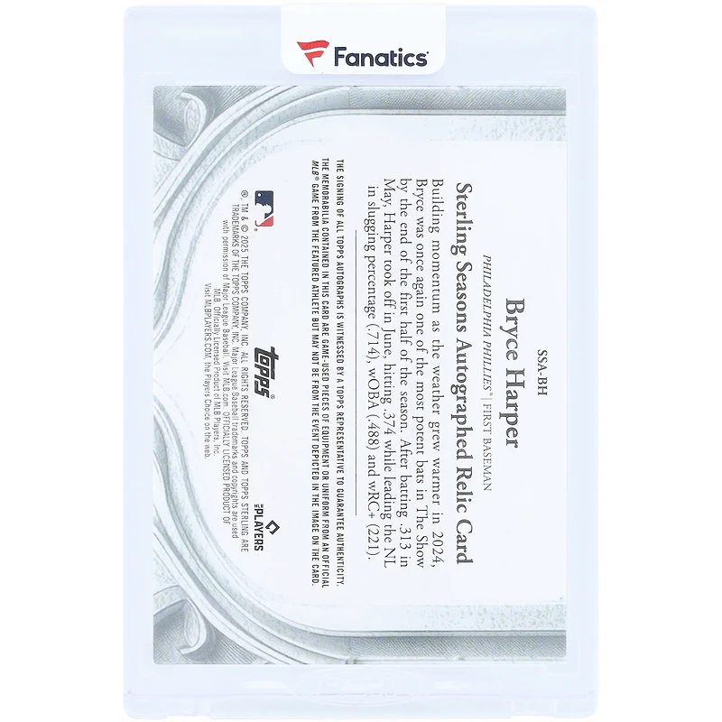 Bryce Harper Philadelphia Phillies Autographed 2025 Topps Sterling Dual Game-Used Relics #SSA-BH #20/25 Card