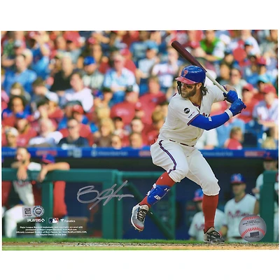 Photographie horizontale dédicacée de Bryce Harper des Philadelphia Phillies, position de frappe en maillot crème