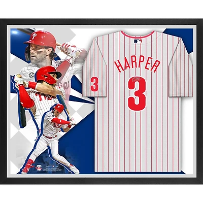 Collage de maillots Nike authentiques blancs encadrés autographiés par Bryce Harper des Philadelphia Phillies