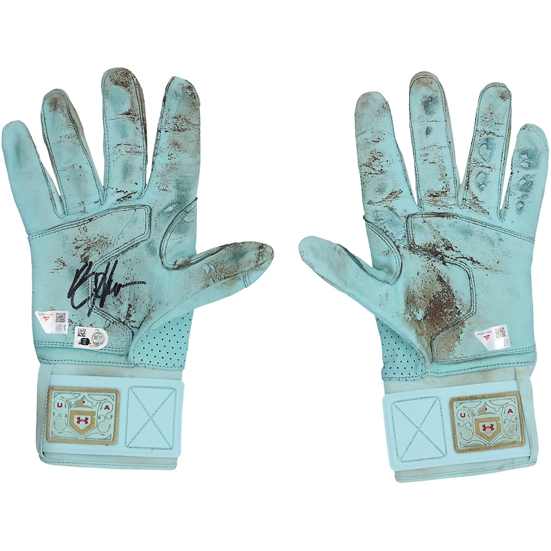 Bryce Harper Philadelphia Phillies Autographed Game-Used Teal Under Armour Batting Gloves from the 2025 MLB Season - HH98515053-54