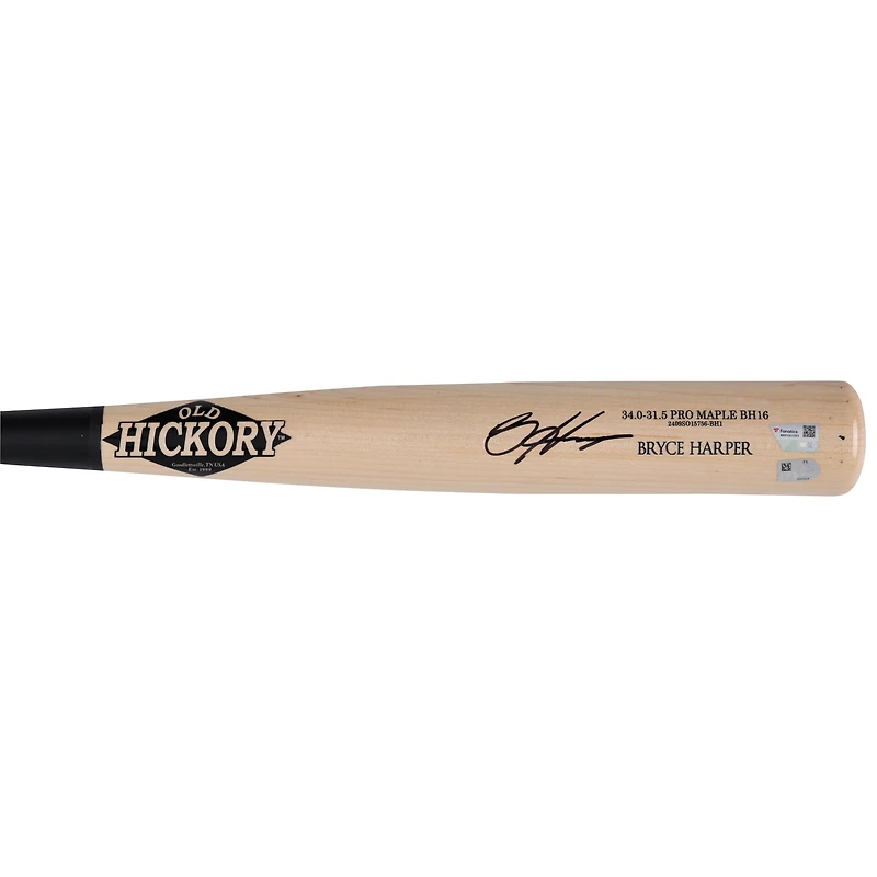 Bâton Old Hickory beige et noir autographié par Bryce Harper, joueur des Phillies de Philadelphie, saison 2025 de la MLB