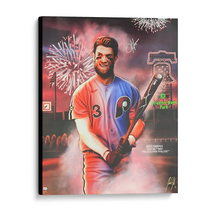 Impression giclée sur toile tendue 32" x 40" (81 x 101,6 cm) avec autographe de Bryce Harper (Phillies de Philadelphie) - Illustration de Jordan Spector - Numéro 1 d'une édition limitée à 4 exemplaires