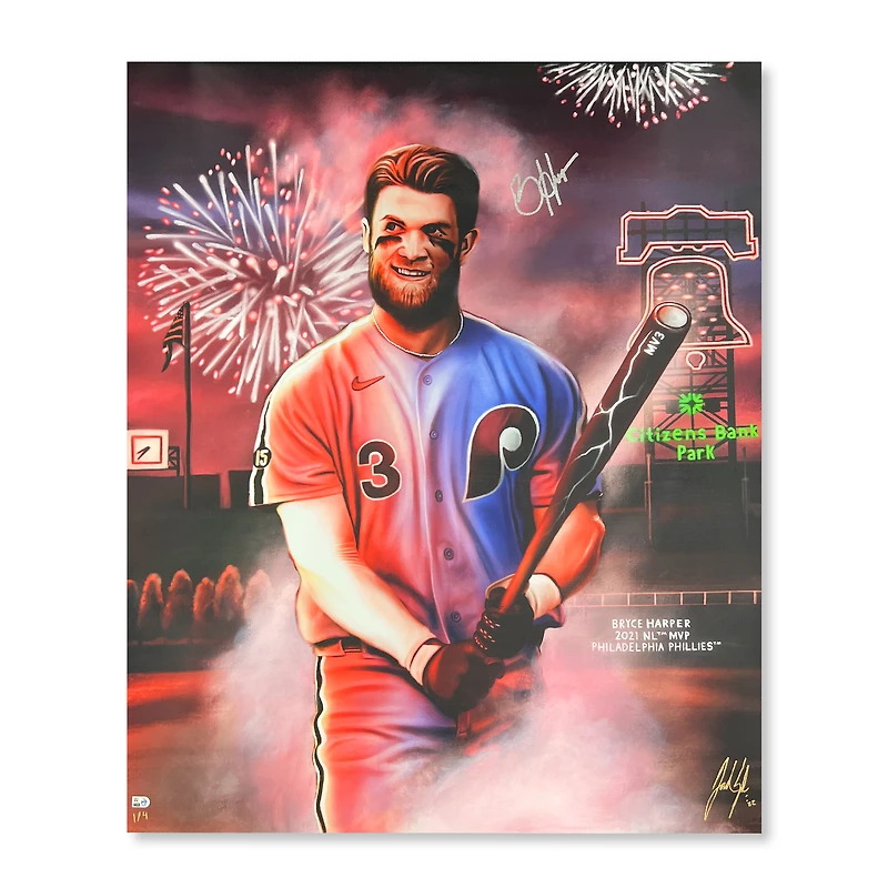Impression giclée sur toile tendue 32" x 40" (81 x 101,6 cm) avec autographe de Bryce Harper (Phillies de Philadelphie) - Illustration de Jordan Spector - Numéro 1 d'une édition limitée à 4 exemplaires