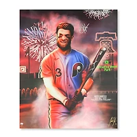 Impression giclée sur toile tendue 32" x 40" (81 x 101,6 cm) avec autographe de Bryce Harper (Phillies de Philadelphie) - Illustration de Jordan Spector - Numéro 1 d'une édition limitée à 4 exemplaires