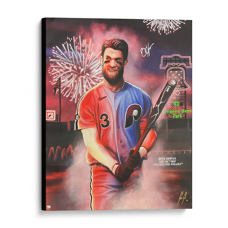Toile originale dédicacée de Bryce Harper Philadelphia Phillies, 36" x 45" - Art de Jordan Spector - #1 de l'édition limitée 1