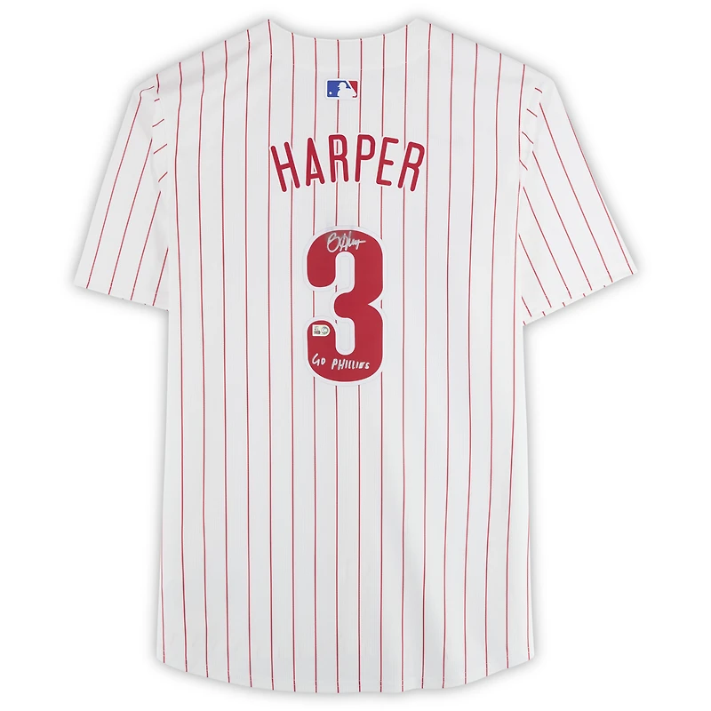 Maillot blanc Nike Limited autographié par Bryce Harper des Phillies de Philadelphie avec inscription « Go Phillies »