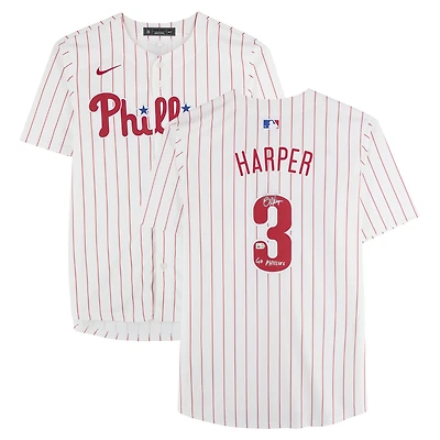 Maillot blanc Nike Limited autographié par Bryce Harper des Phillies de Philadelphie avec inscription « Go Phillies »
