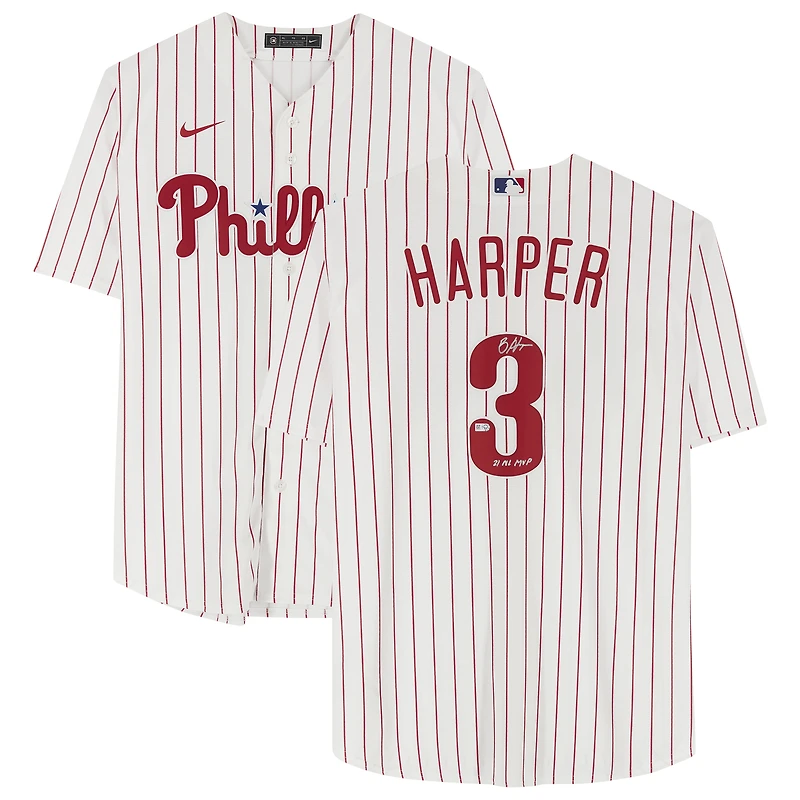 Maillot réplique Nike autographié par Bryce Harper White des Philadelphia Phillies avec l'inscription « 21 NL MVP »
