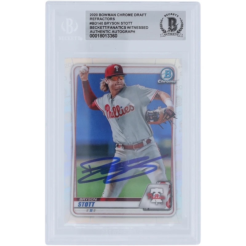 Bryson Stott Philadelphia Phillies Autographié 2020 Bowman Chrome Draft Refractors #BD-140 Beckett Fanatics Witnessed Authenticated Card