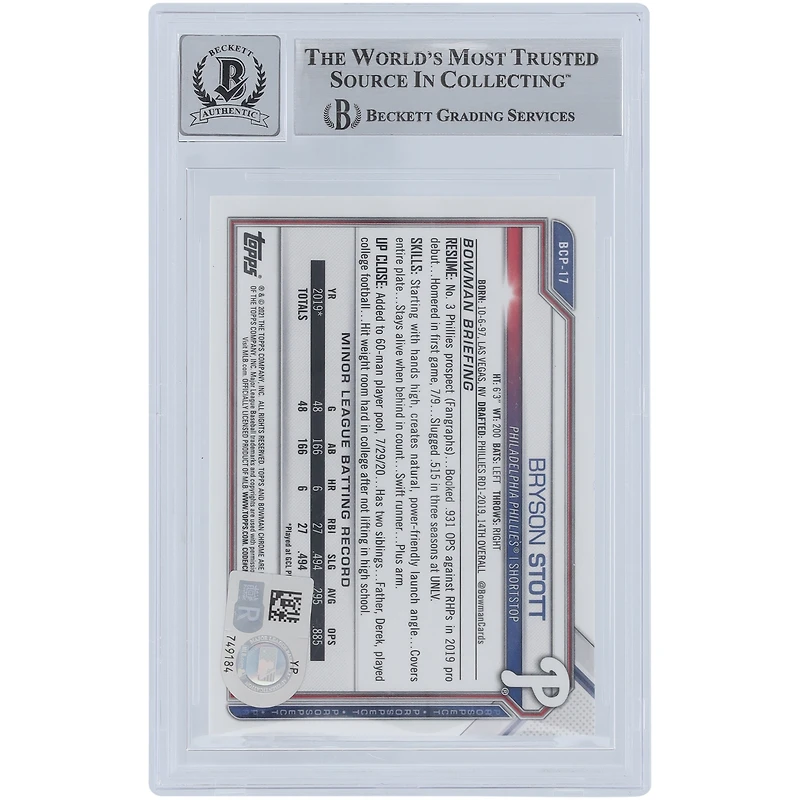 Bryson Stott Philadelphia Phillies Autographed 2021 Bowman Chrome Sapphire Prospects #BCP-17 Beckett Fanatics Witnessed Authenticated 10 Card