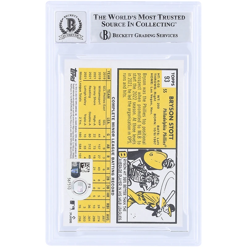 Carte de recrue autographiée de Bryson Stott (Philadelphia Phillies), Topps Archives 2022, n° 93, authentifiée par Beckett Fanatics Witnessed.