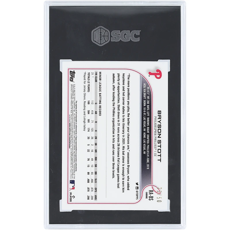 Bryson Stott Philadelphia Phillies Autographed 2022 Topps Chrome Gold Wave Refractor #RA-BS #22/50 SGC Authenticated 9 Rookie Card