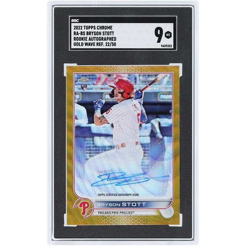 Bryson Stott Philadelphia Phillies Autographed 2022 Topps Chrome Gold Wave Refractor #RA-BS #22/50 SGC Authenticated 9 Rookie Card