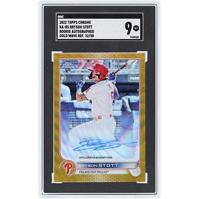 Bryson Stott Philadelphia Phillies Autographed 2022 Topps Chrome Gold Wave Refractor #RA-BS #22/50 SGC Authenticated 9 Rookie Card