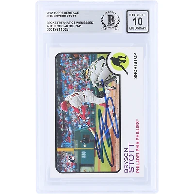 Carte de recrue autographiée de Bryson Stott (Philadelphia Phillies), Topps Heritage 2022 n° 605, certifiée Beckett Fanatics Witnessed 10.