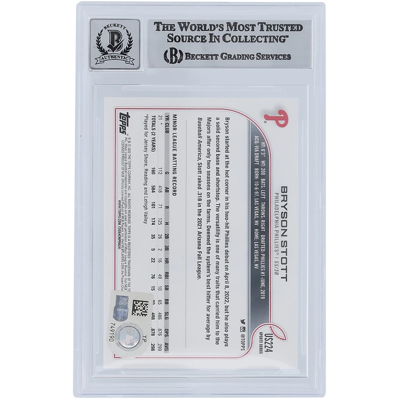 Bryson Stott Philadelphia Phillies Autographed 2022 Topps Update #US224 Beckett Fanatics Witnessed Authenticated 9/10 Rookie Card