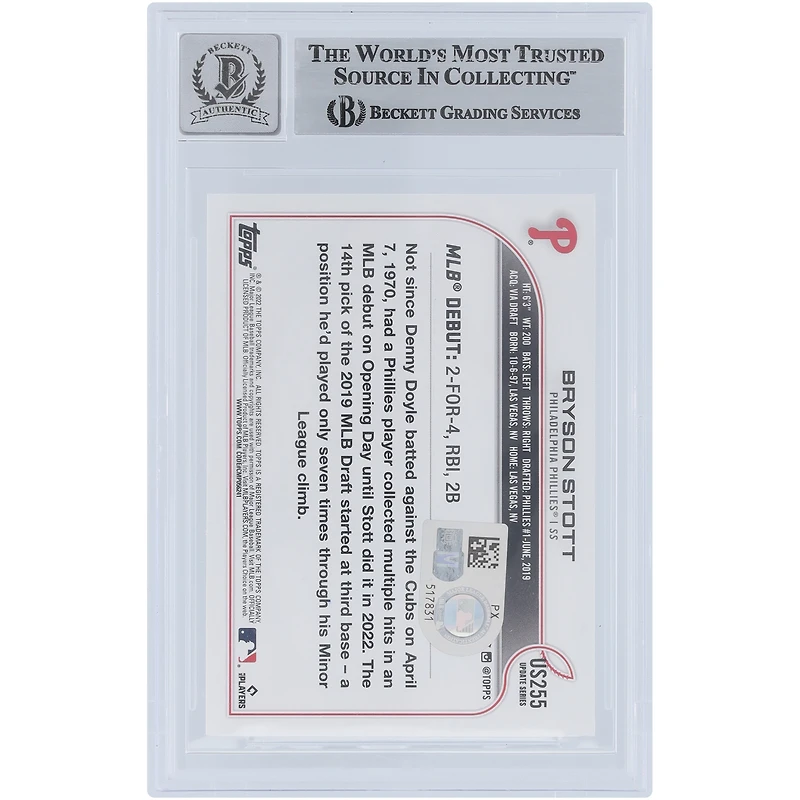 Carte de recrue autographiée 2022 Topps #US255 de Bryson Stott des Phillies de Philadelphie, carte de recrue authentifiée 10, vue par les fans de Beckett