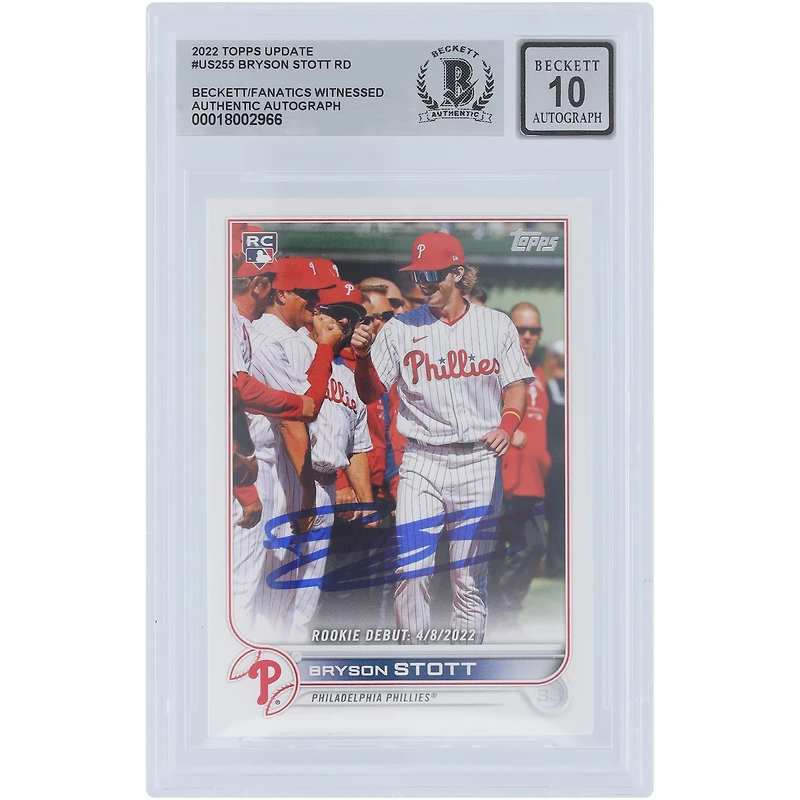 Carte de recrue autographiée 2022 Topps #US255 de Bryson Stott des Phillies de Philadelphie, carte de recrue authentifiée 10, vue par les fans de Beckett
