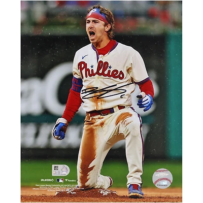 Photographie autographiée de 20 x 25 cm de Bryson Stott, membre des Phillies de Philadelphie, célébrant le vol de la base.