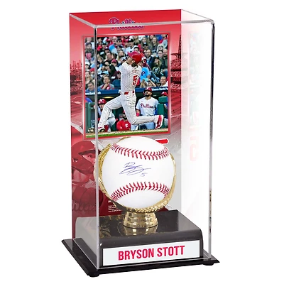 Vitrine de présentation de gants de baseball autographiés et sublimés en or des Philadelphia Phillies de Bryson Stott avec image