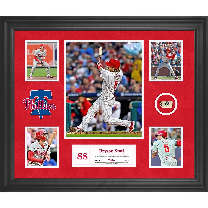 Collage encadré de 5 photos des Philadelphia Phillies de Bryson Stott avec un morceau de balle utilisée lors du match