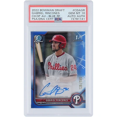 Carte autographiée par Gabriel Rincones Jr. (Phillies de Philadelphie), série Bowman Chrome 1ère édition 2022, réfracteur bleu Bowman, numéro CDA-GR, numéro 135/150, authentifiée par PSA.