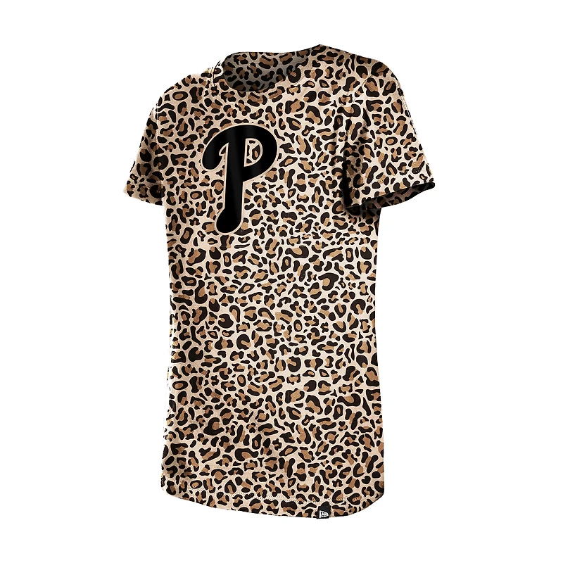T-shirt New Era marron à motif léopard des Phillies de Philadelphie pour jeunes filles
