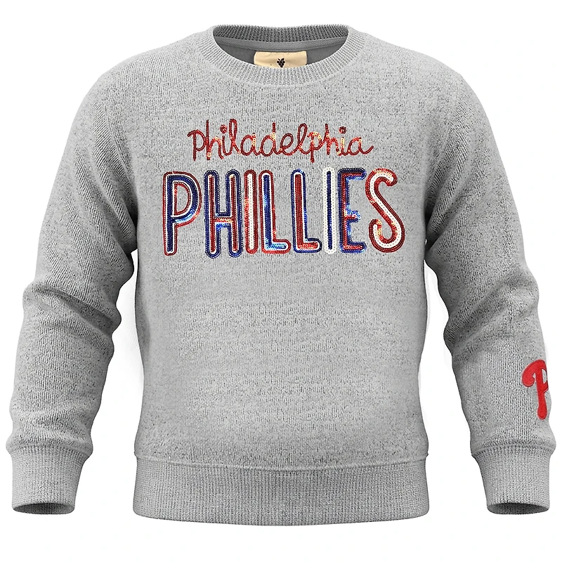 Sweat-shirt à col rond en polaire sequins Nantucket, gris chiné, doux comme du raisin, pour filles et jeunes filles, inspiré des Phillies de Philadelphie.