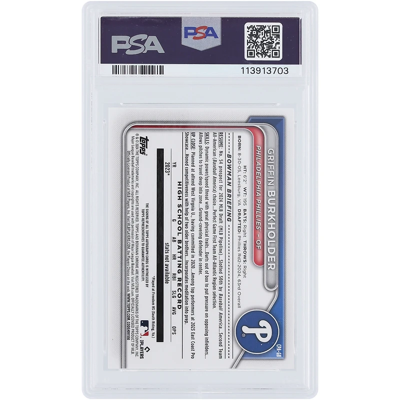 Griffin Burkholder Philadelphia Phillies Autographié 2024 Bowman Chrome 1er Bowman Sparkle #CPA-GB #70/71 PSA Authentifié 10 Carte