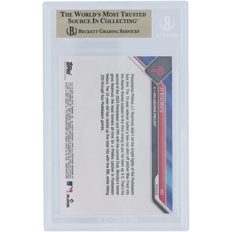 J.T. Realmuto Philadelphia Phillies 2023 Topps Now Most Postseason HRs By A Catcher #982 BGS Authenticated 9.5 Card 