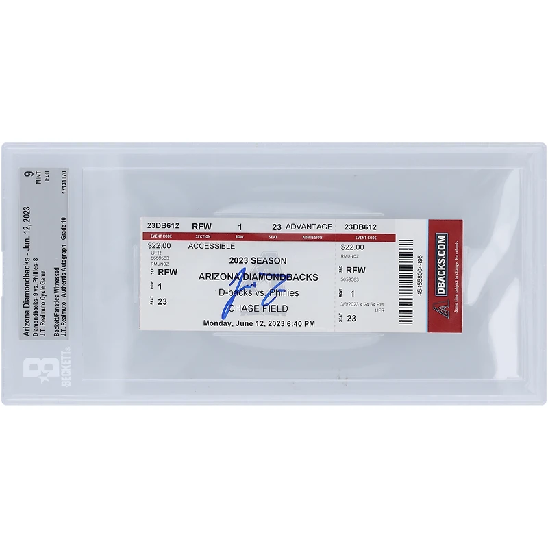 J.T. Realmuto Philadelphia Phillies Autographed Beckett Fanatics Witnessed Authenticated 9/10 Ticket from June 12, 2023 - 1st Career Cycle
