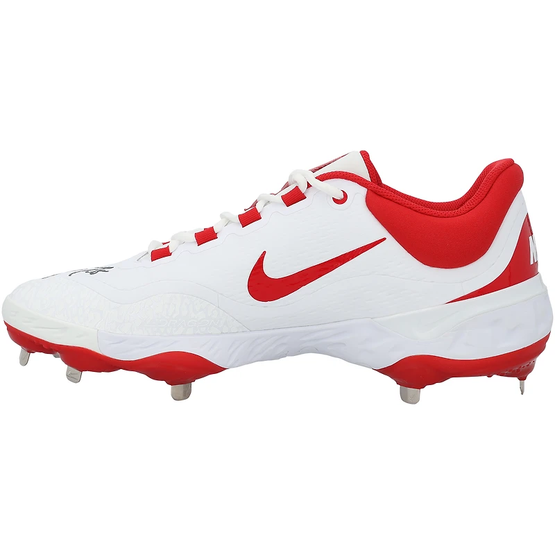 Crampons Nike blancs et rouges autographiés par J.T. Realmuto, joueurs des Phillies de Philadelphie, saison 2025 de la MLB.