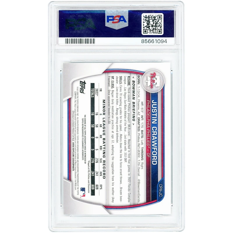 Justin Crawford Philadelphia Phillies Autographed 2023 Bowman Chrome 1st Bowman #CPA-JC PSA Authenticated 10 Card