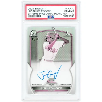Carte autographiée par Justin Crawford (Phillies de Philadelphie), série Bowman Chrome Prospects Pearl Refractor 2023, numéro CPA-JC, authentifiée PSA 10, numéro 5/10.