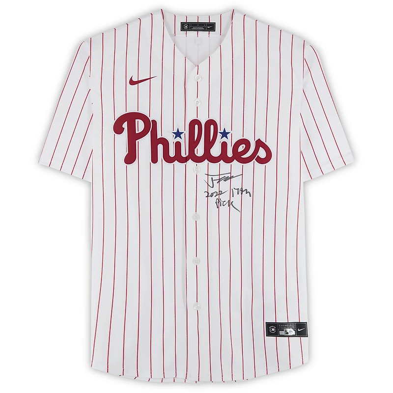 Maillot réplique Nike autographié par Justin Crawford des Phillies de Philadelphie avec inscription « 17e choix de la saison 2022 ».