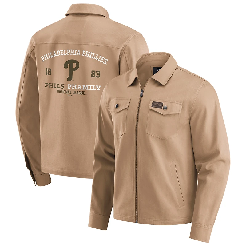 Veste zippée délavée et vieillie pour homme de la collection Darius Rucker par Fanatics, couleur beige, des Phillies Philadelphie