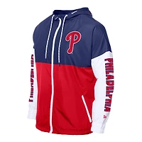 Coupe-vent à capuche entièrement zippé et blocs de couleurs pour homme New Era rouge/bleu royal des Philadelphia Phillies
