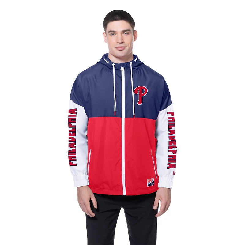 Coupe-vent à capuche entièrement zippé et blocs de couleurs pour homme New Era rouge/bleu royal des Philadelphia Phillies