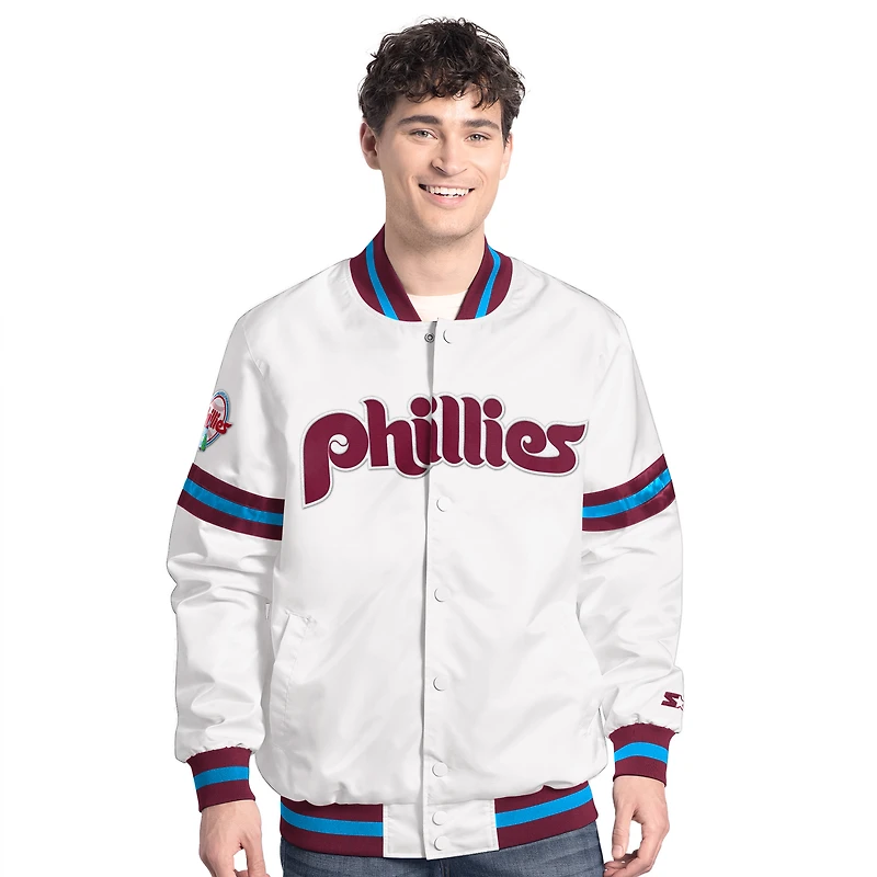 Men's Starter White Philadelphia Phillies Cooperstown Scout Full-Snap Varsity Jacket