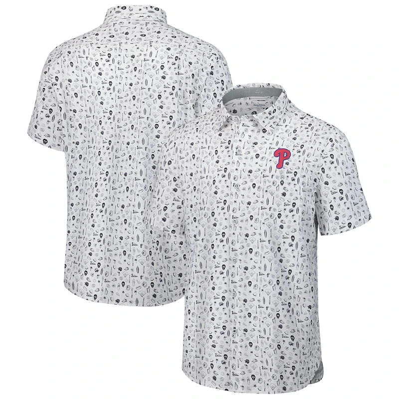 Chemise boutonnée à manches courtes pour homme Tommy Bahama Grey Philadelphia Phillies Nova Wave Riptide Rally Camp