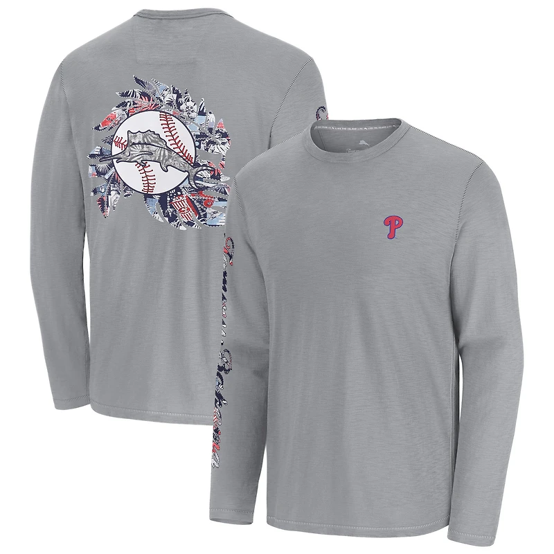 Men's Tommy Bahama  Gray Philadelphia Phillies Tropic Curveball Lux Long Sleeve T-Shirt