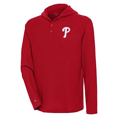 Men's Antigua  Red Philadelphia Phillies Strong Hold Long Sleeve Henley Hoodie T-Shirt