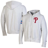 Sweat à capuche zippé Champion gris Philadelphia Phillies pour homme, en chenille tissée inversée.